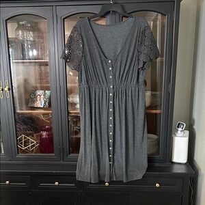 Cotton gray Button-Front Dress with Lace Sleeves